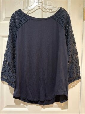 LOFT Navy Crochet-Sleeve Tunic Top
